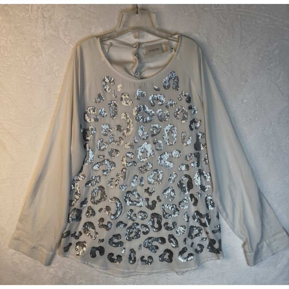 Chico's Silver Sequin Leopard Blouse Off White Long Sleeve Top Size 2 Large